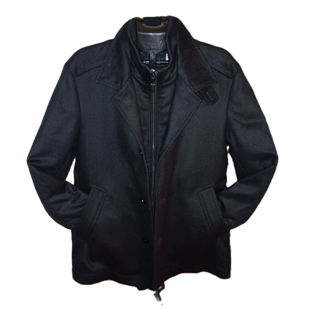 Hugo Boss Wool Cashmere Coat with Inner Bib & Ribbed Collar Size 40R EUC - Picture 2 of 16